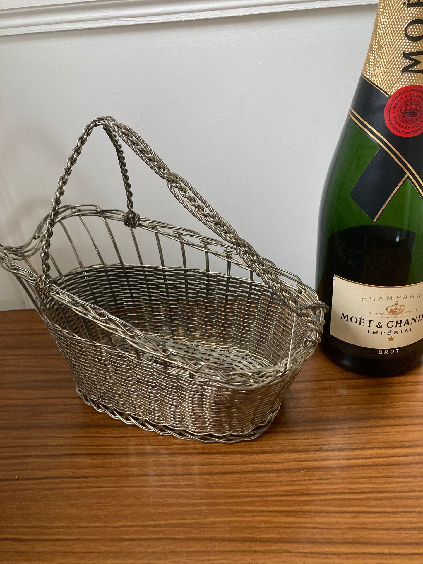 Silver Metal Wine Bottle Basket, Vintage French Wine Bottle Holder