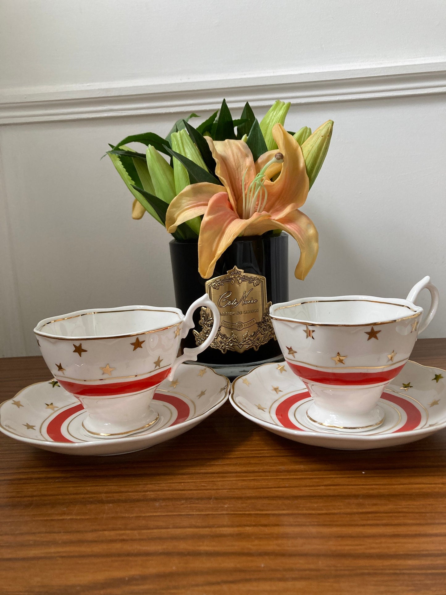 Pair of vintage Bone china star tea cups, star tea cup and saucers, vintage bone china, red bone china, made in England, English bone china