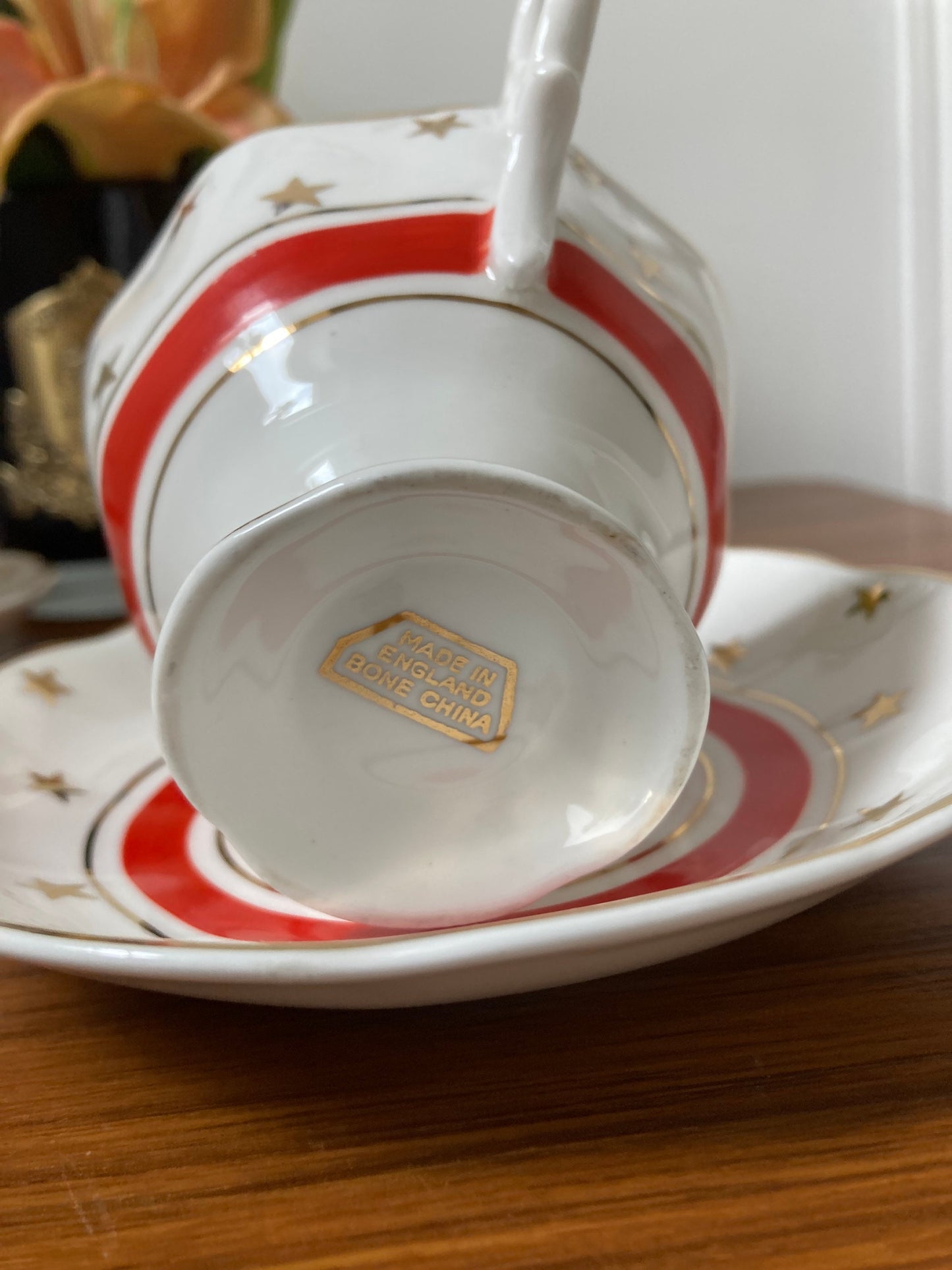 Pair of vintage Bone china star tea cups, star tea cup and saucers, vintage bone china, red bone china, made in England, English bone china