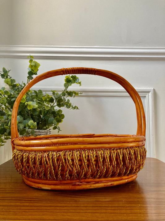 Vintage bamboo basket, woven vintage basket, Rustic Cottagecore Storage Basket,  gold string and bamboo basket, boho basket