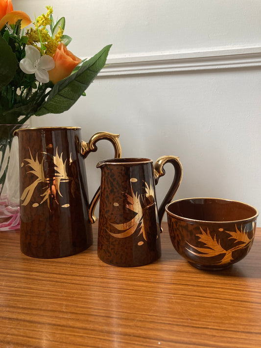 Vintage Gibsons Staffordshire Sugar Bowl and Creamer, Gibson’s Staffordshire tea set, vintage brown and gold tea set