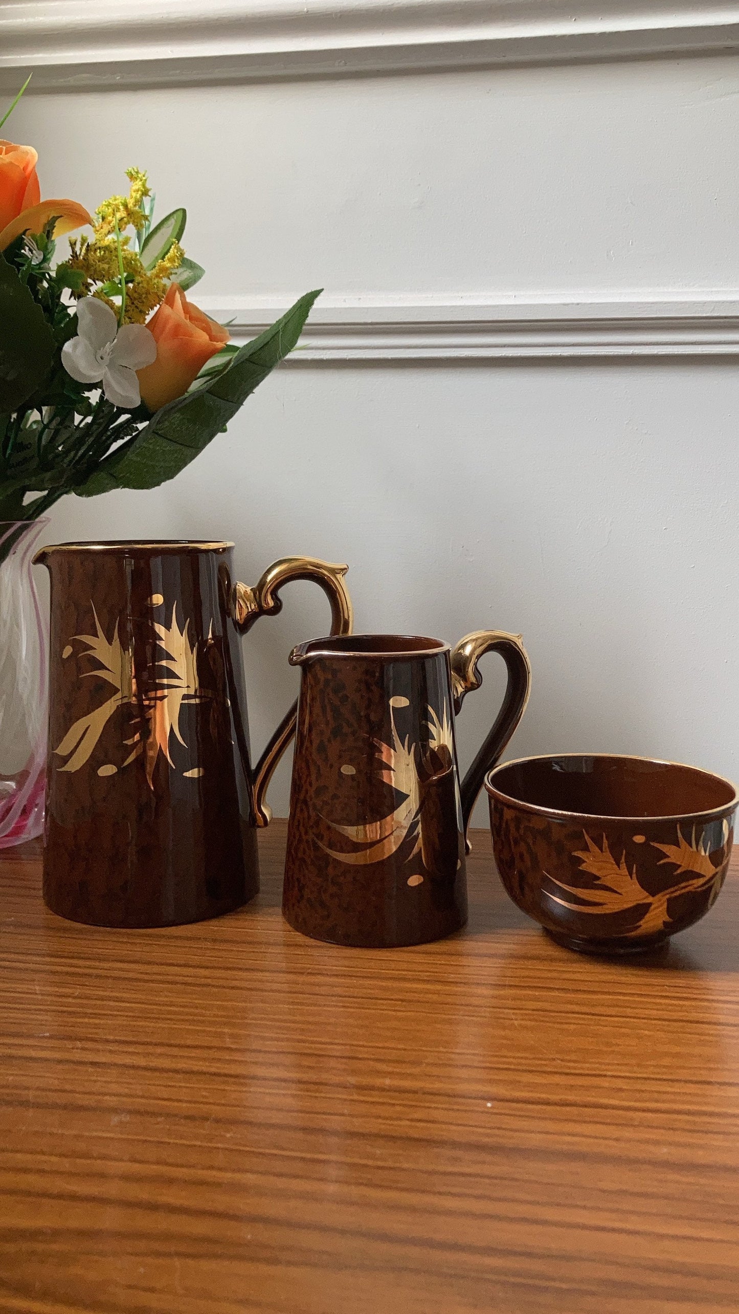 Vintage Gibsons Staffordshire Sugar Bowl and Creamer, Gibson’s Staffordshire tea set, vintage brown and gold tea set