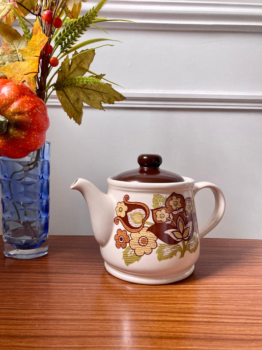 Sadler England Stoneware Teapot, Retro Teapot, Groovy Flowers, Brown Teapots, 1970s teapot, stoneware teapots, autumn tea pots