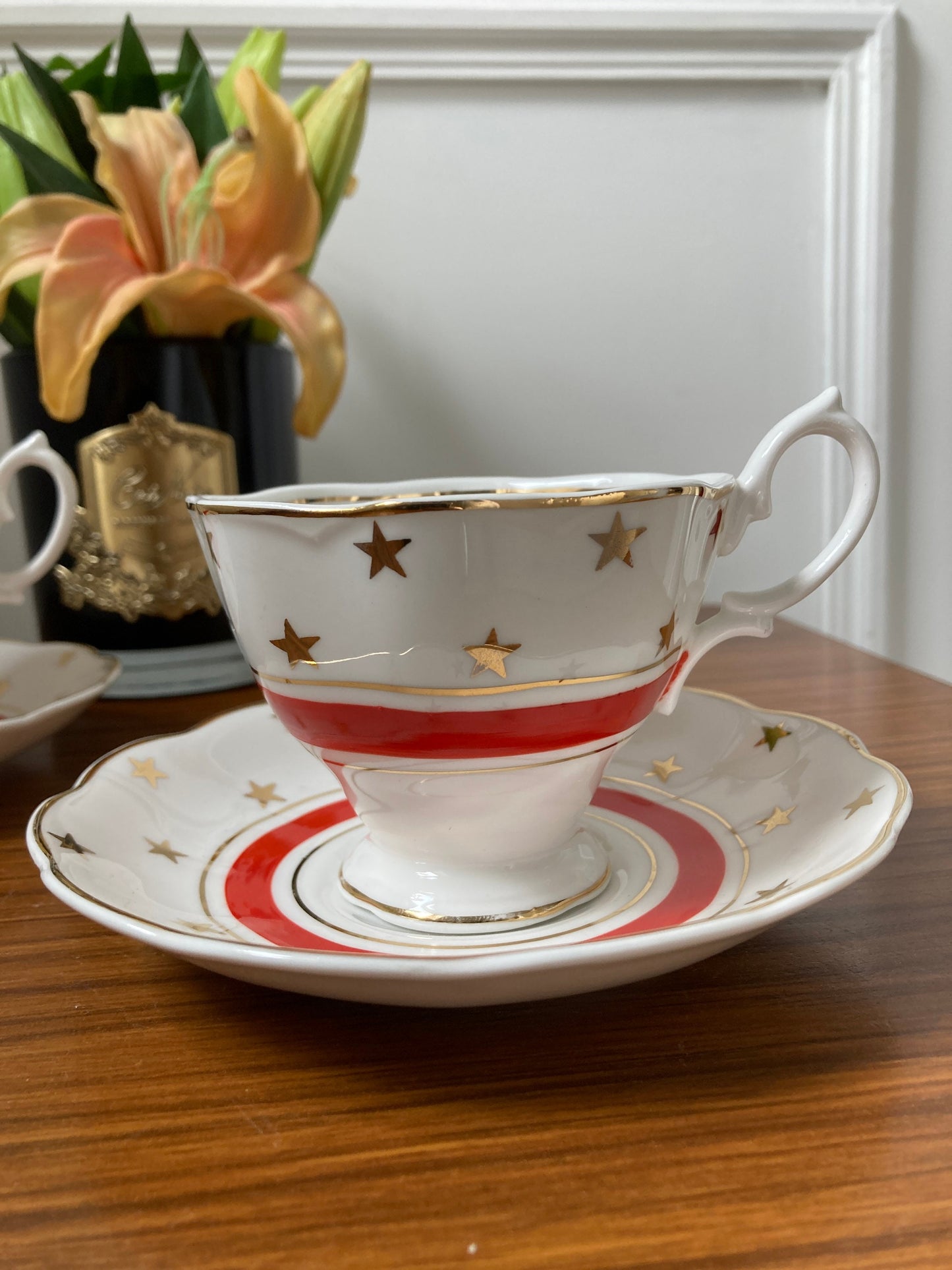 Pair of vintage Bone china star tea cups, star tea cup and saucers, vintage bone china, red bone china, made in England, English bone china