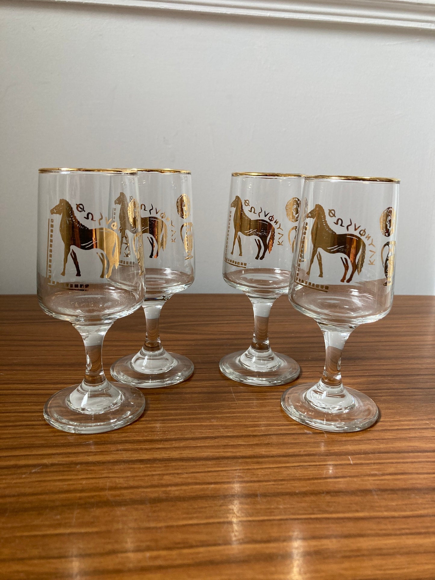 Vintage Trojan Chesterfield Sherry glasses, vintage Greek style Sherry glasses, Greek Trojan aperitif glass