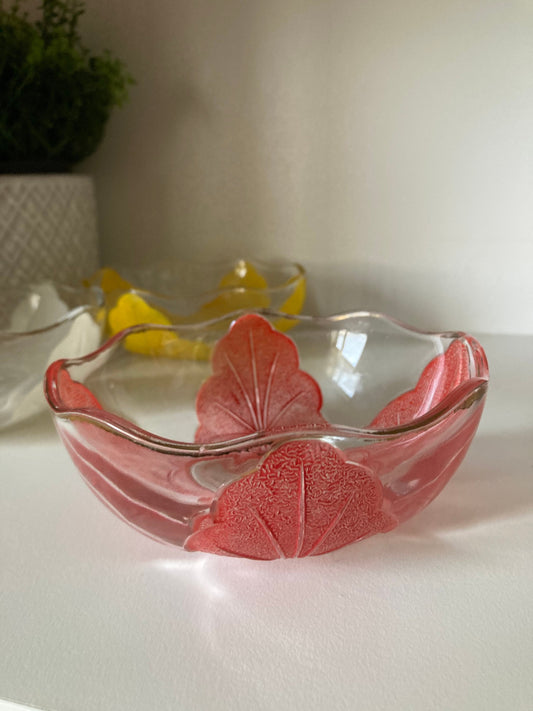 Vintage pressed glass  dessert bowls, vintage leaf pattern dessert bowls, colourful vintage bowls