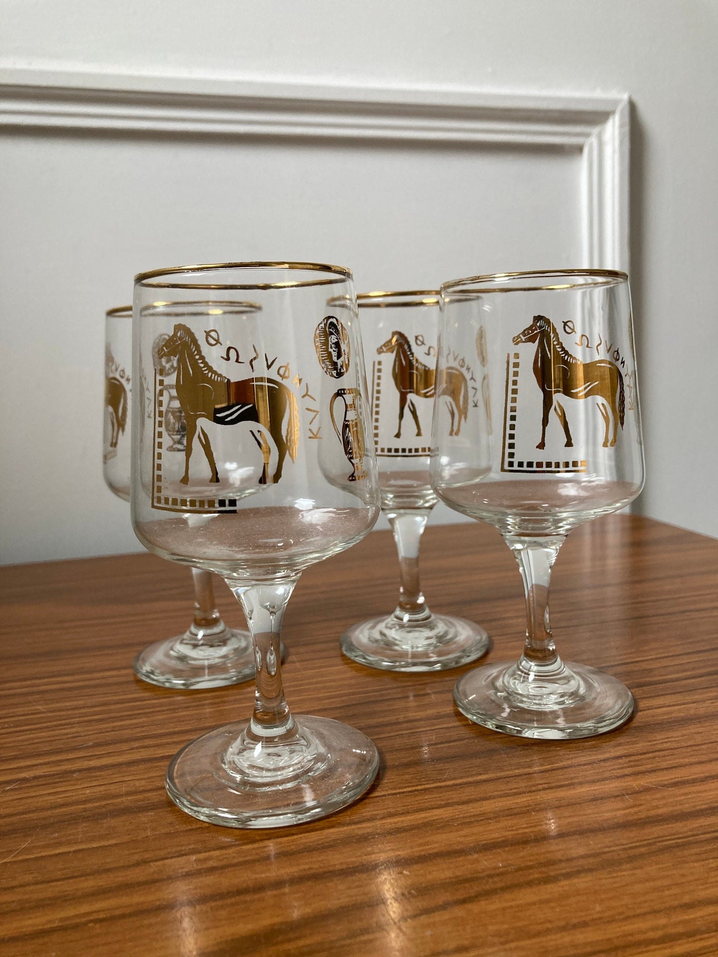 Vintage Trojan Chesterfield wine glasses, vintage Greek style wine glasses, Greek Trojan wine  glass