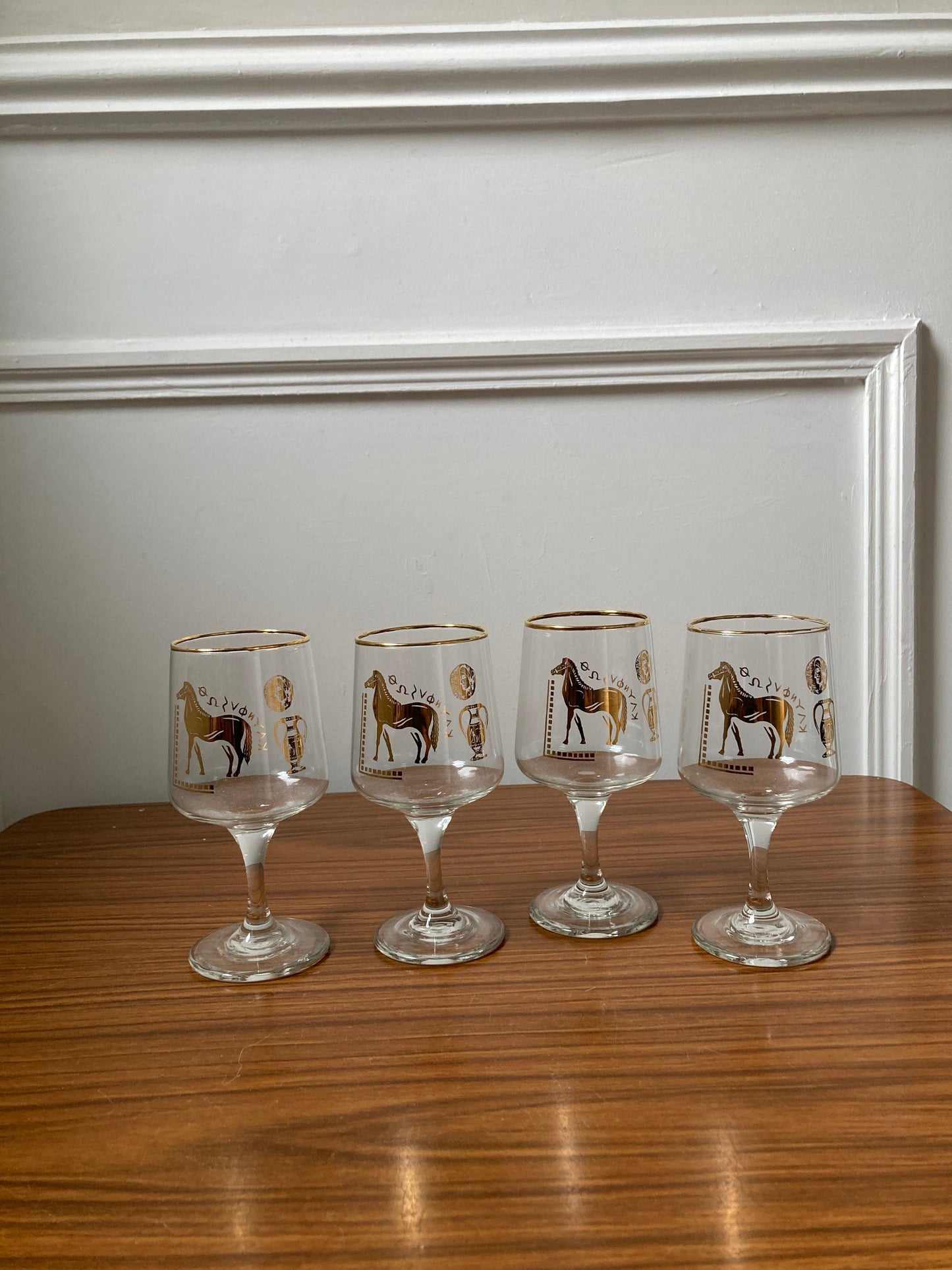 Vintage Trojan Chesterfield wine glasses, vintage Greek style wine glasses, Greek Trojan wine  glass