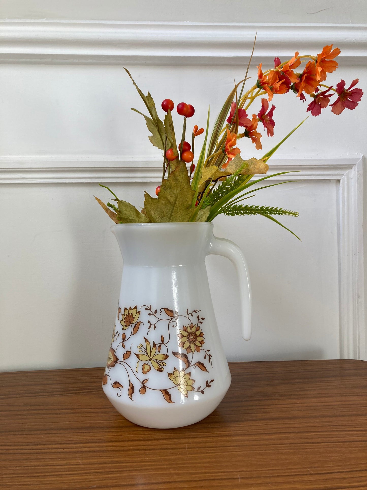 Vintage French autumnal jug, Arcopal milk glass jug, vintage pyrex jug