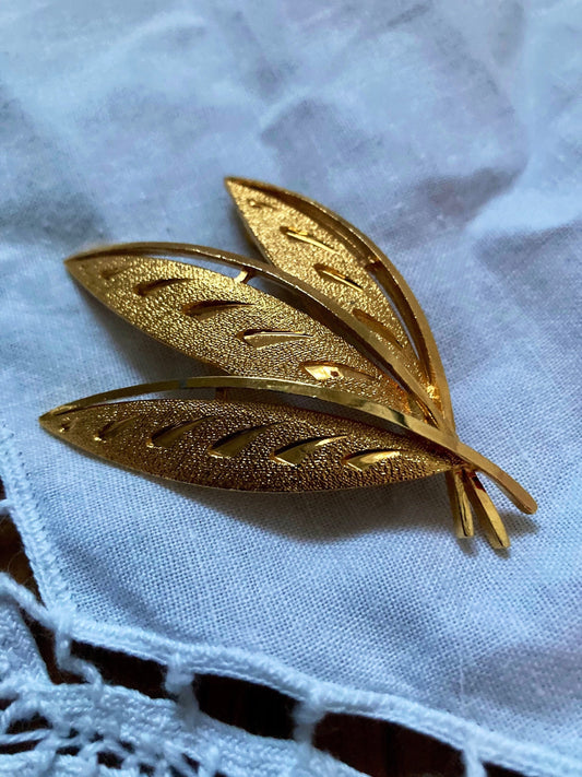 Vintage Gold Leaf Brooch, Gold Tone Leaf Brooch, Modernist Gold brooch, sphinx textured gold brooch, three leaf spray brooch