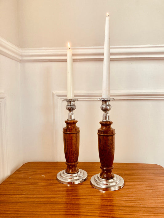 Antique Vintage Oak Candlestick Holders, rustic wood candle holders, vintage rustic decor, autumnal candle holders