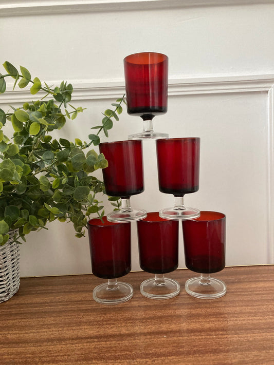 Red Luminarc Glass, Six Vintage French Luminarc, Red Aperitif Clear Stem Liqueur Glasses, Red luminarc sherries