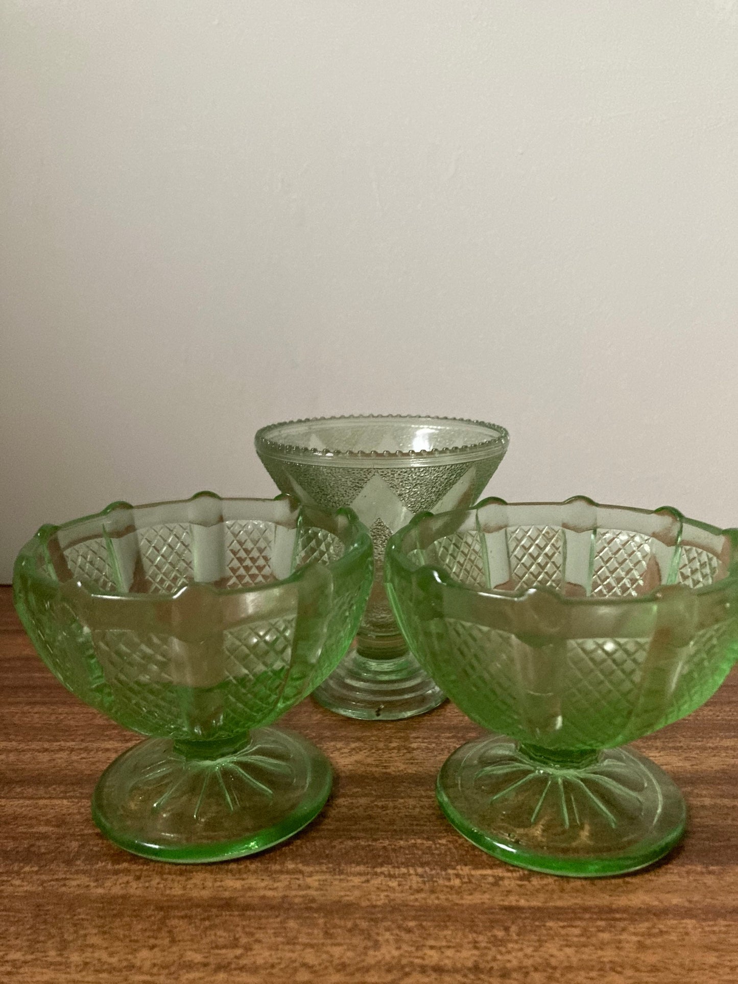 Vintage sundae glasses, green depression glass, green Art Deco glass