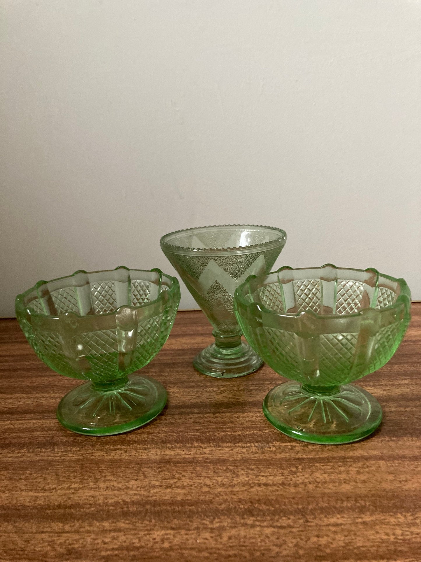 Vintage sundae glasses, green depression glass, green Art Deco glass