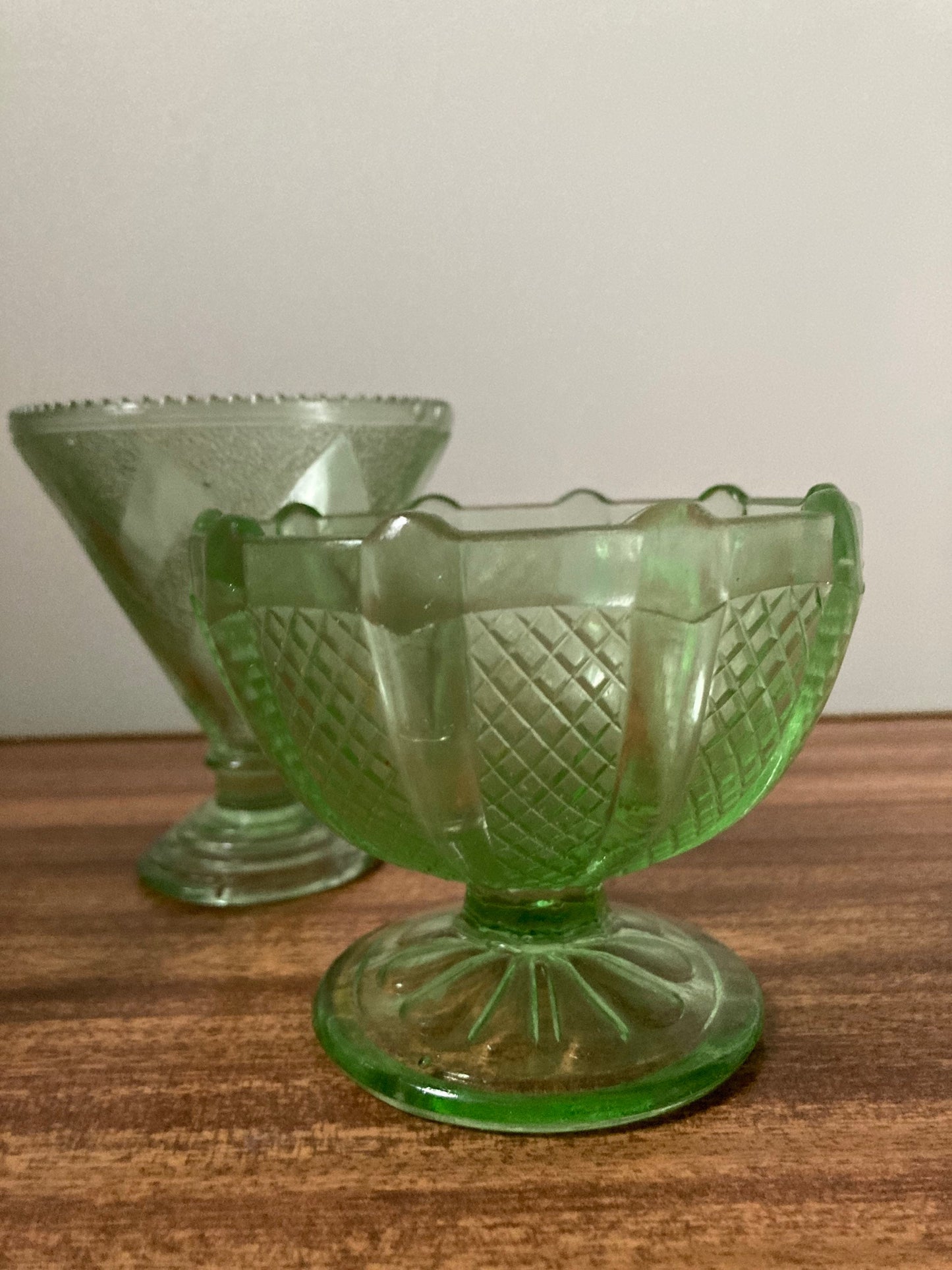 Vintage sundae glasses, green depression glass, green Art Deco glass