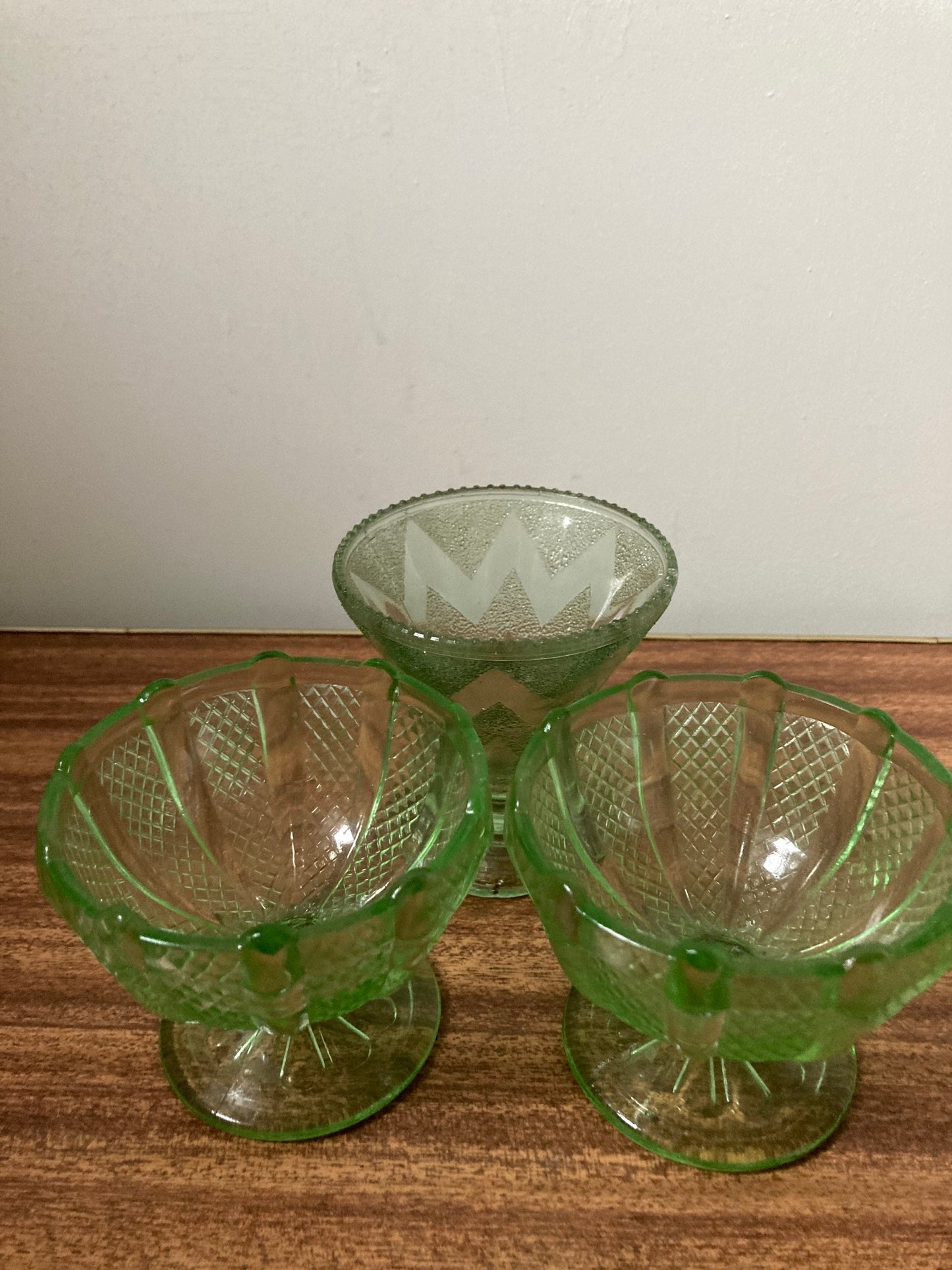 Vintage sundae glasses, green depression glass, green Art Deco glass