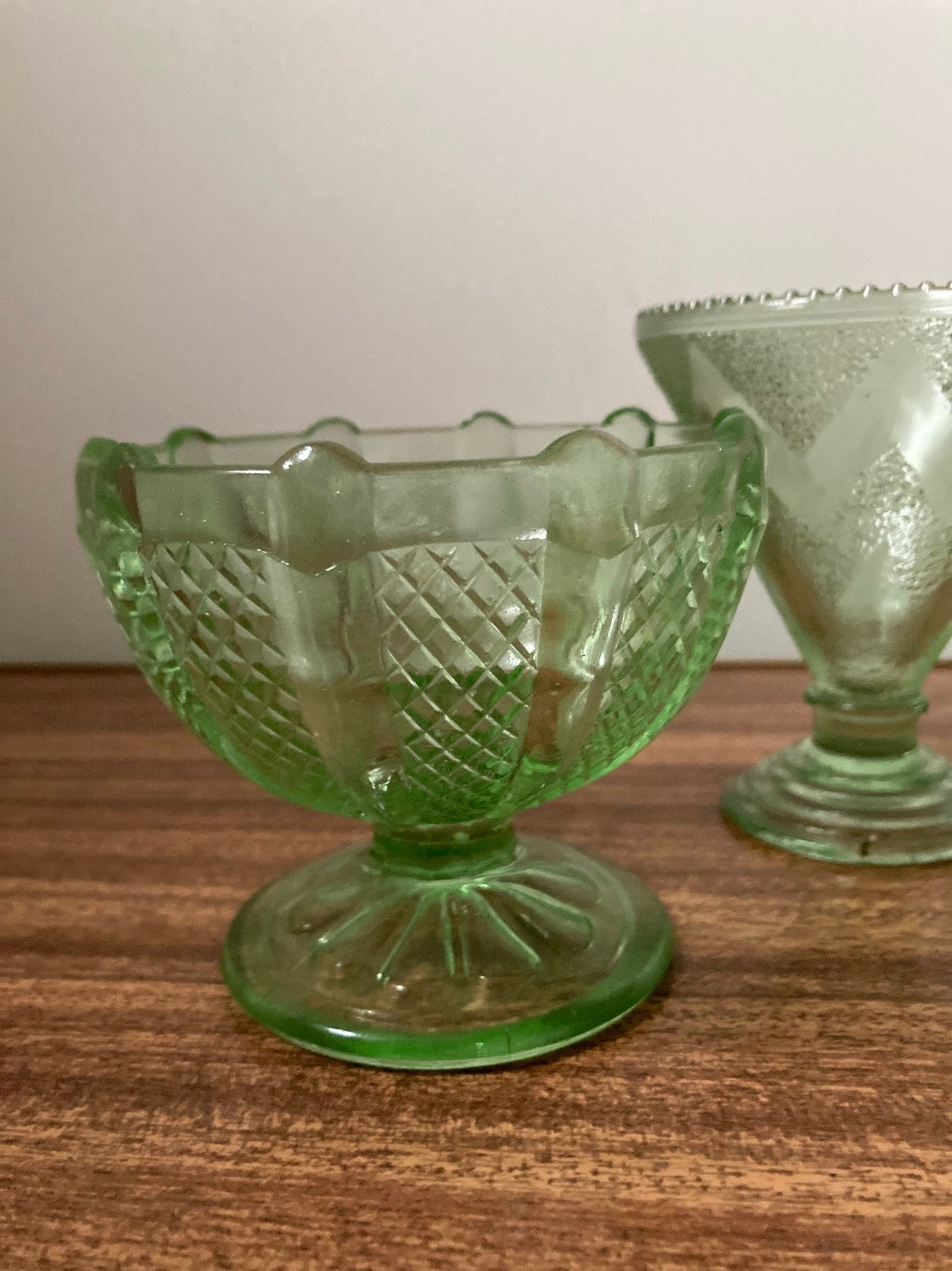 Vintage sundae glasses, green depression glass, green Art Deco glass