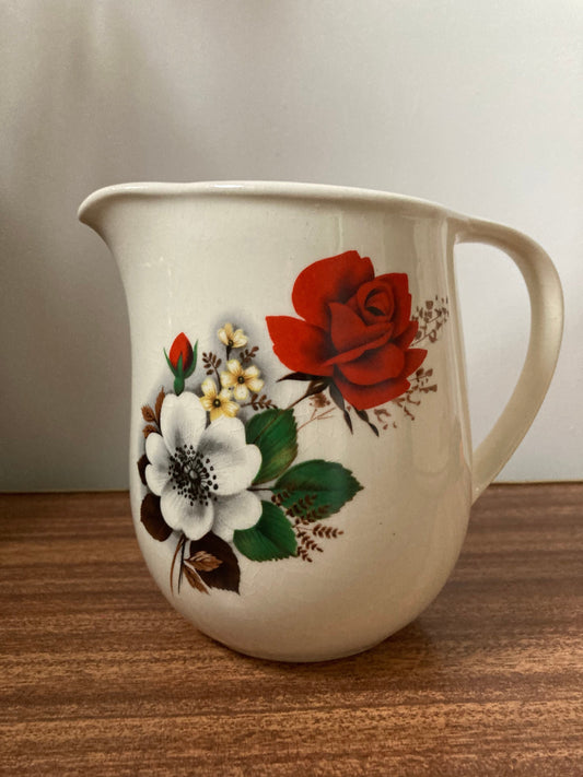 Vintage floral red and white jug, Faianta Sighisoara Romania Jug Pitcher, Romanian floral jug