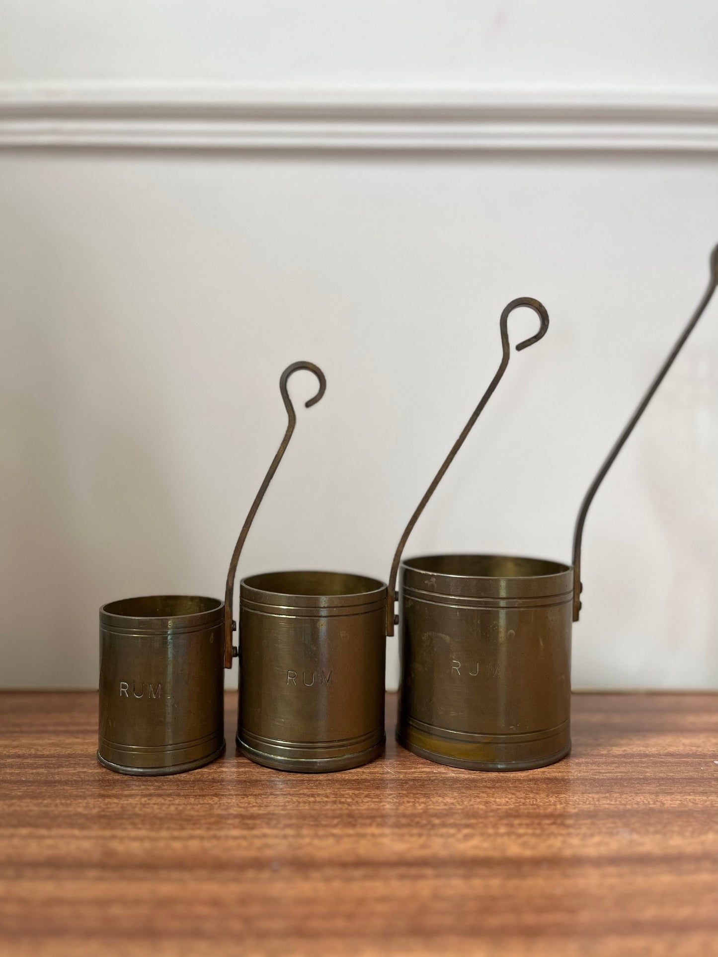 Trio vintage brass rum ladles, vintage brass measuring cups, hot toddy ladles, hot toddy cups