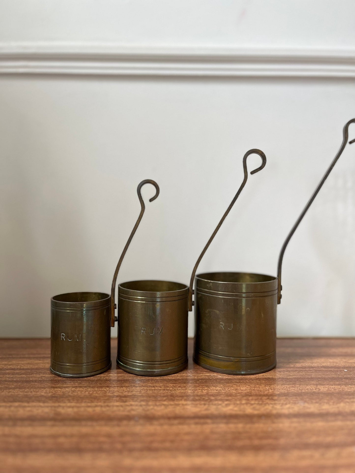 Trio vintage brass rum ladles, vintage brass measuring cups, hot toddy ladles, hot toddy cups