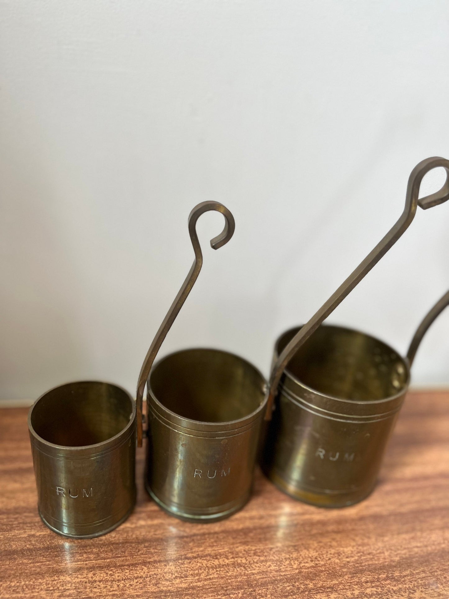 Trio vintage brass rum ladles, vintage brass measuring cups, hot toddy ladles, hot toddy cups