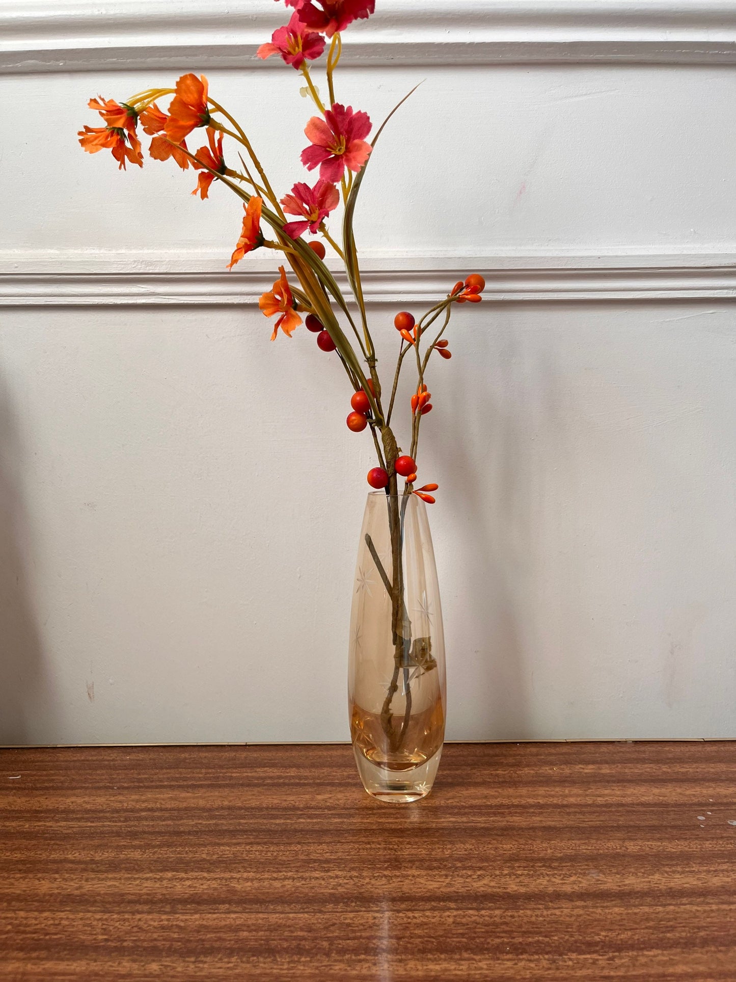 Vintage starburst Vase,  Atomic vase , vintage etched vase, small vintage vase, vase with stars, orange vase