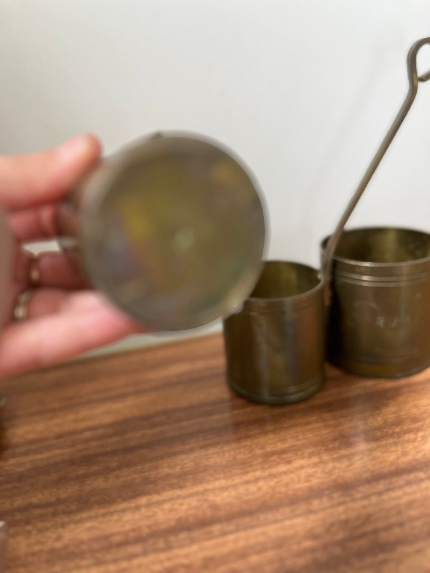 Trio vintage brass rum ladles, vintage brass measuring cups, hot toddy ladles, hot toddy cups