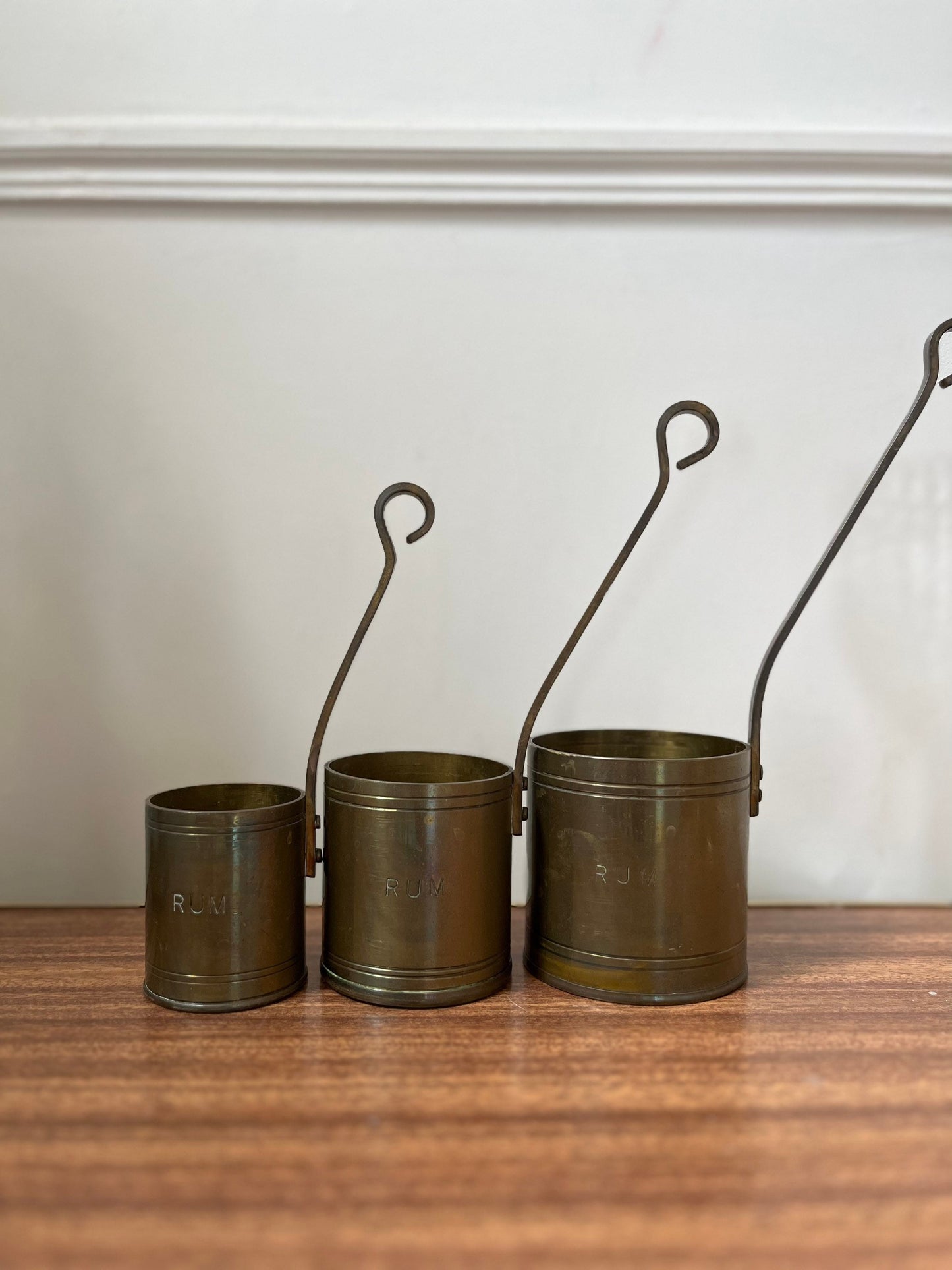 Trio vintage brass rum ladles, vintage brass measuring cups, hot toddy ladles, hot toddy cups