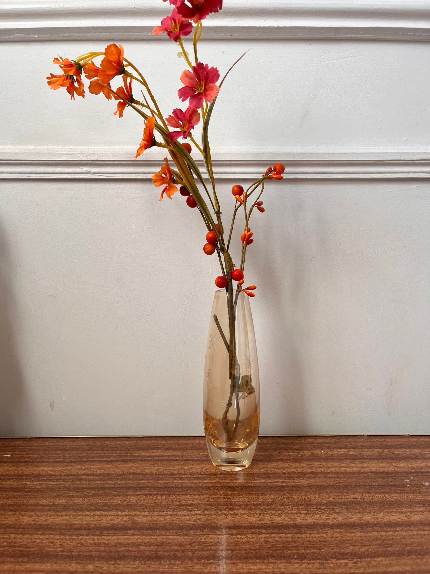 Vintage starburst Vase,  Atomic vase , vintage etched vase, small vintage vase, vase with stars, orange vase