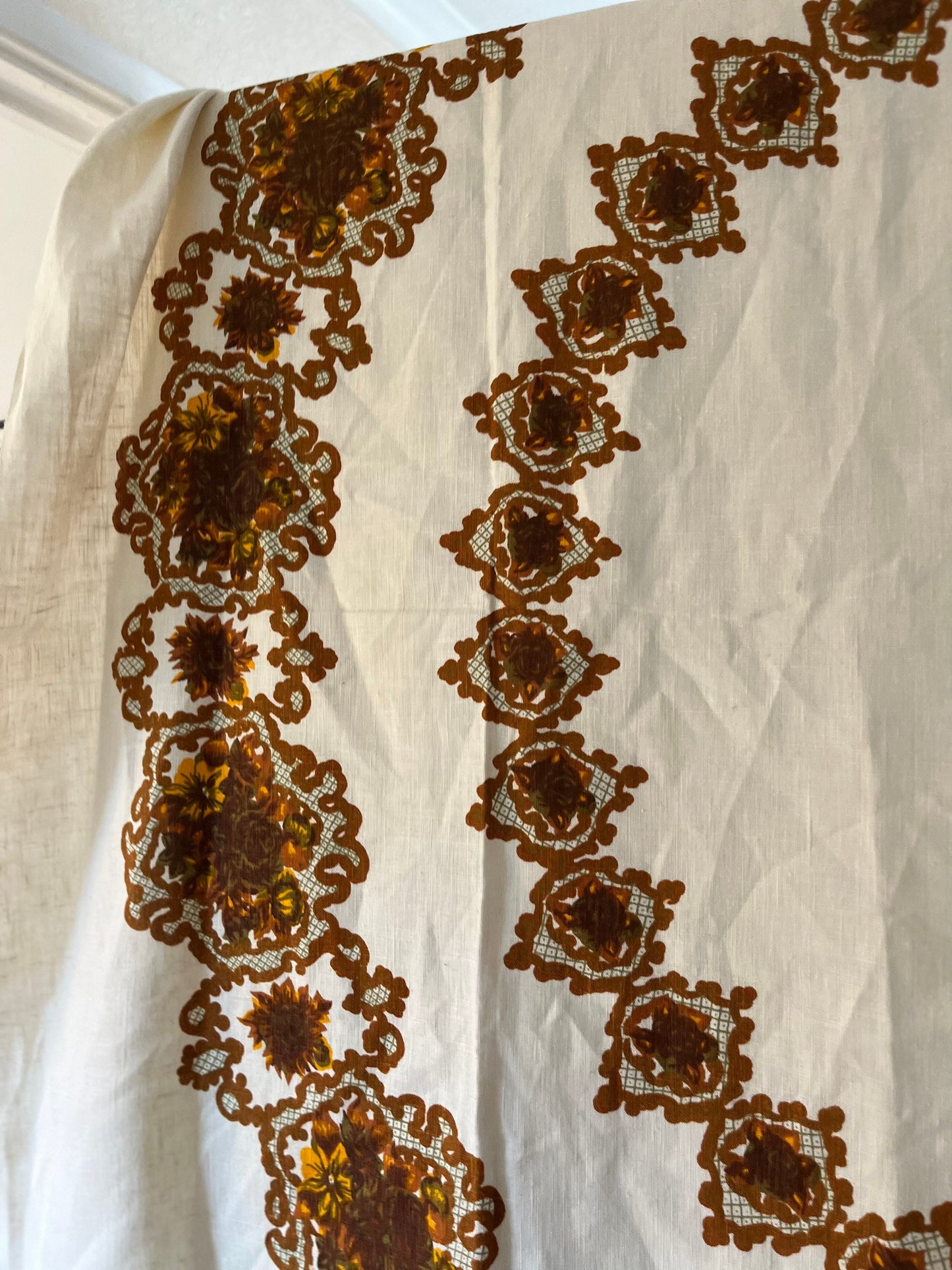 Vintage floral table cloth, boho retro table cloth , yellow table cloth, hessian table cloth