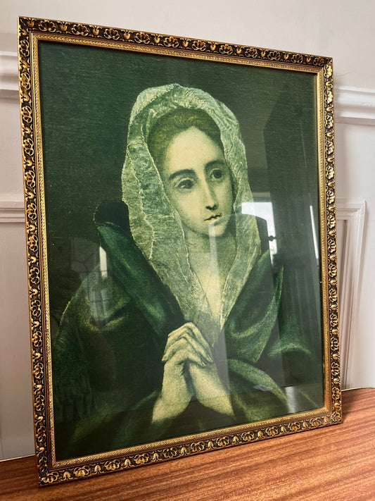 Vintage Mater Dolorosa reproduction, painting, vintage Virgin Mary artwork, El Greco Mater Dolorosa, gold framed artwork