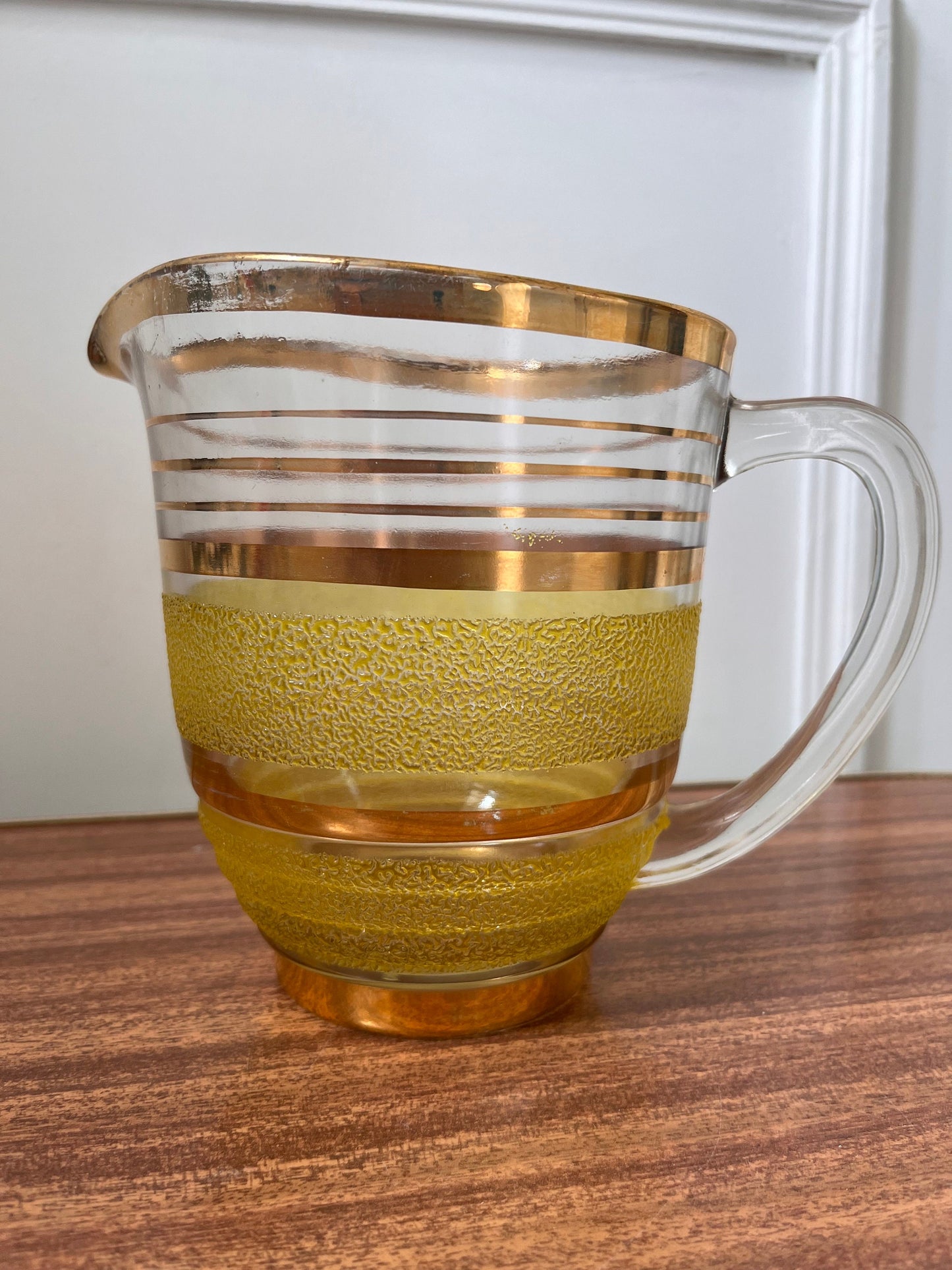 Vintage Mid Century jug, yellow & gold granite jug, vintage yellow frosted jug