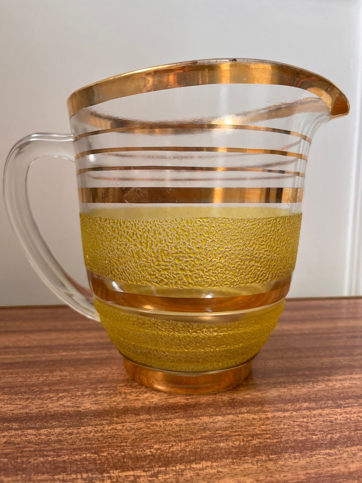 Vintage Mid Century jug, yellow & gold granite jug, vintage yellow frosted jug