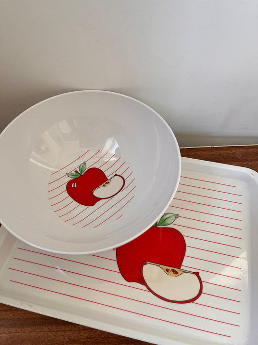 Vintage melamine red apple bowl and tray, kitsch apple decor, camping trays, 70s trays