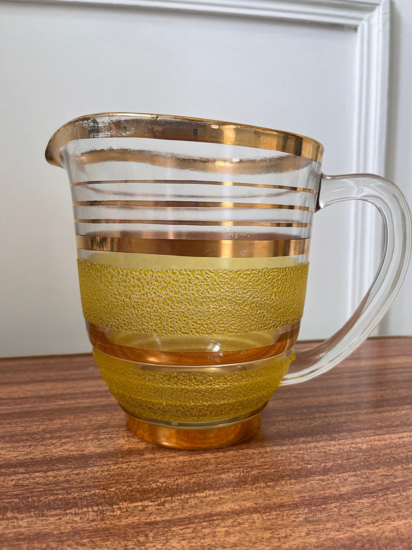 Vintage Mid Century jug, yellow & gold granite jug, vintage yellow frosted jug