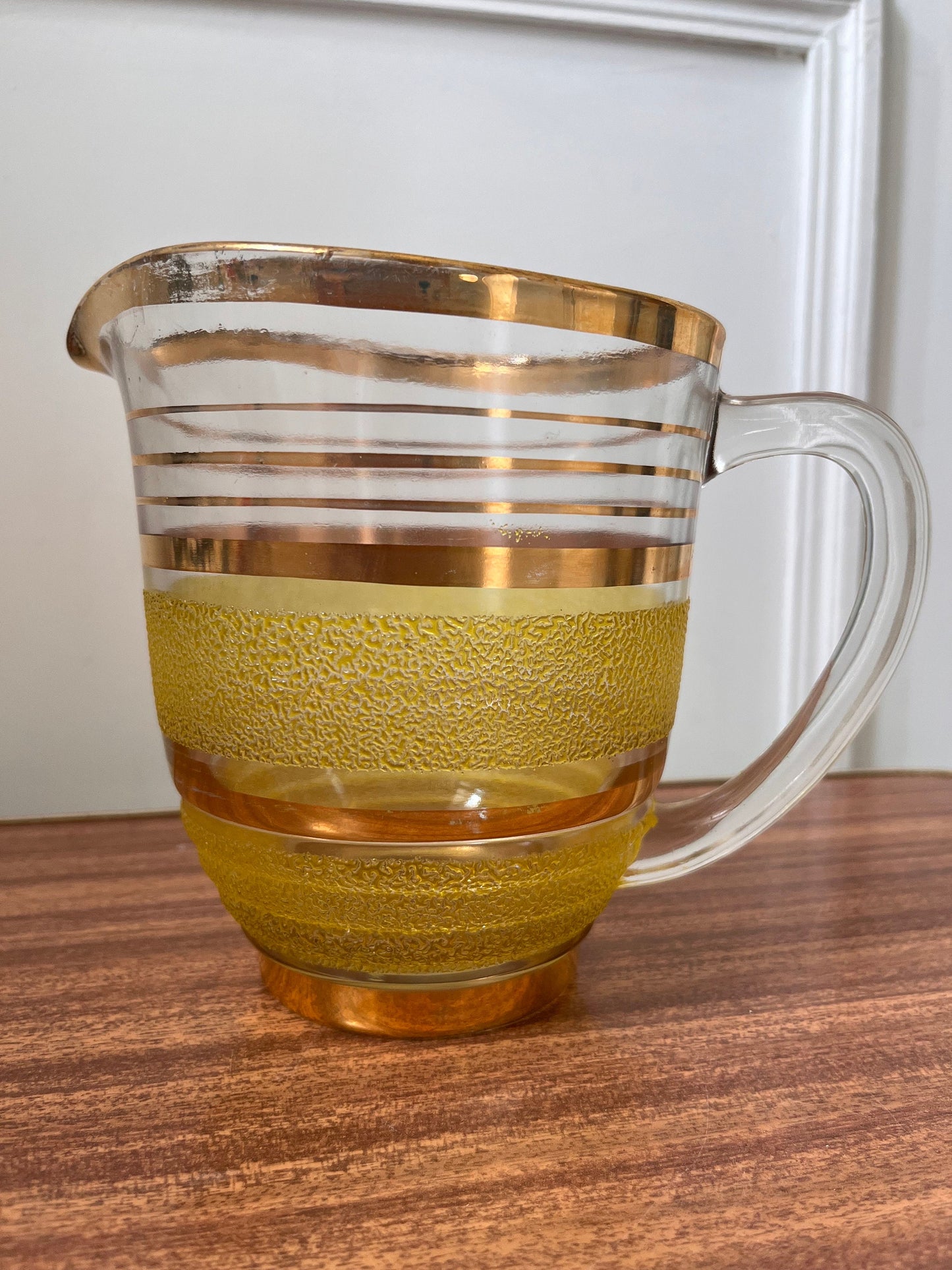 Vintage Mid Century jug, yellow & gold granite jug, vintage yellow frosted jug