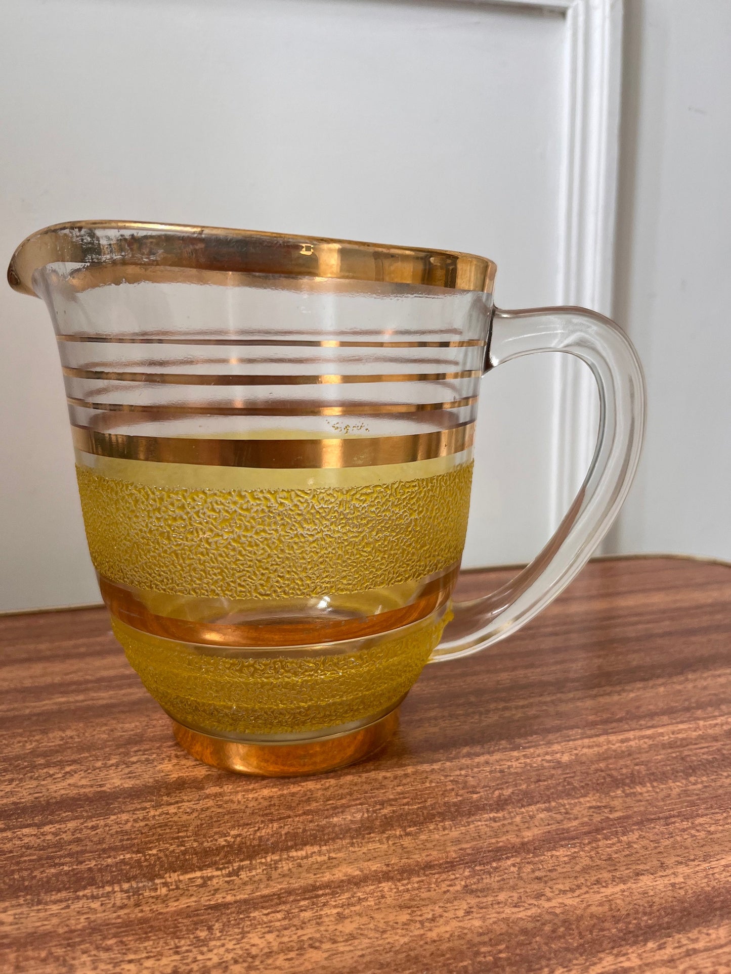 Vintage Mid Century jug, yellow & gold granite jug, vintage yellow frosted jug