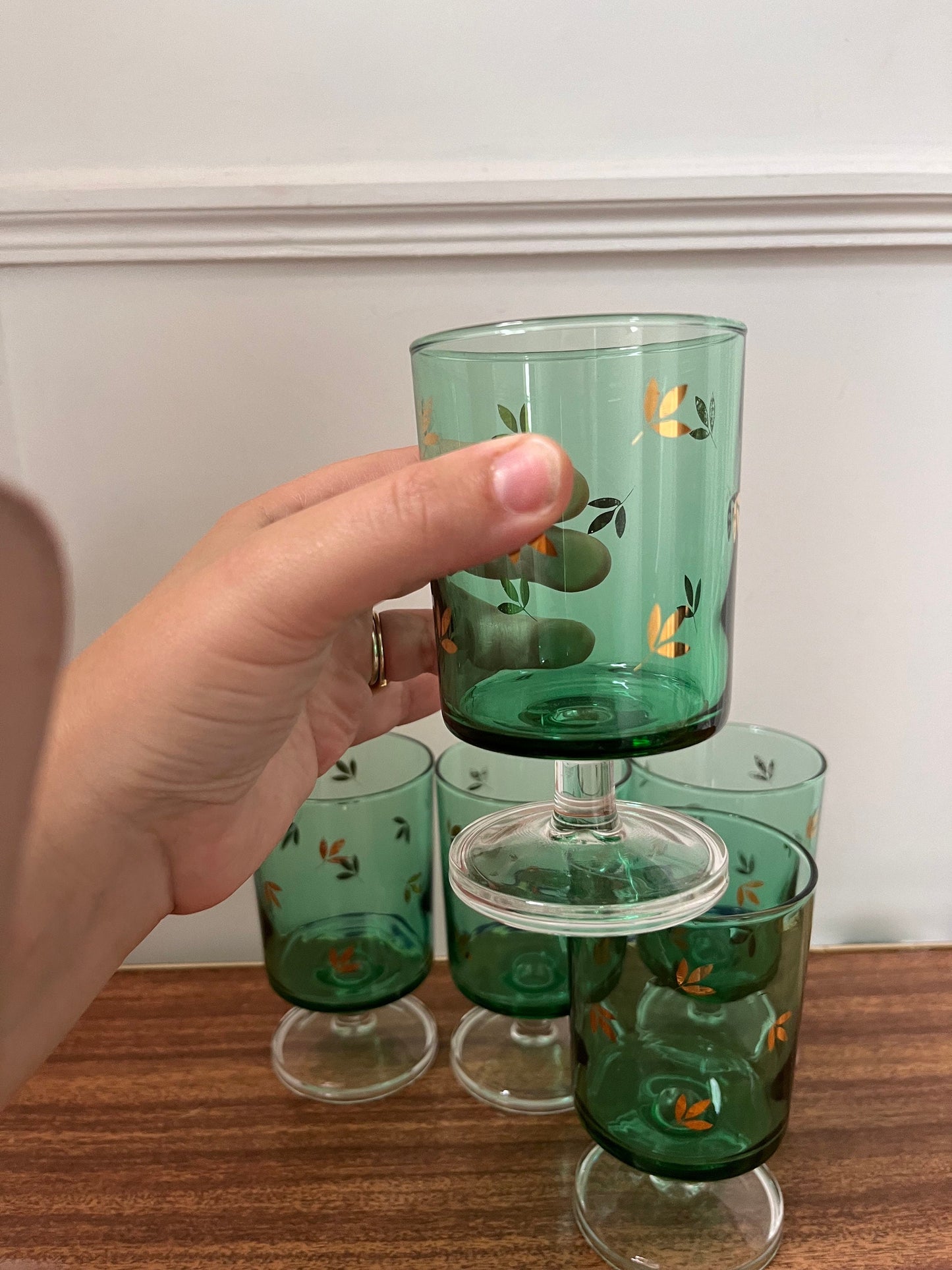 Green Luminarc Glass, Six Vintage French Luminarc, Green  Clear Stem Liqueur Glasses, Green and gold vintage glass