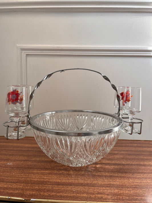 Vintage glass  bowl , vintage punch bowl with holders, vintage salad bowl with holders