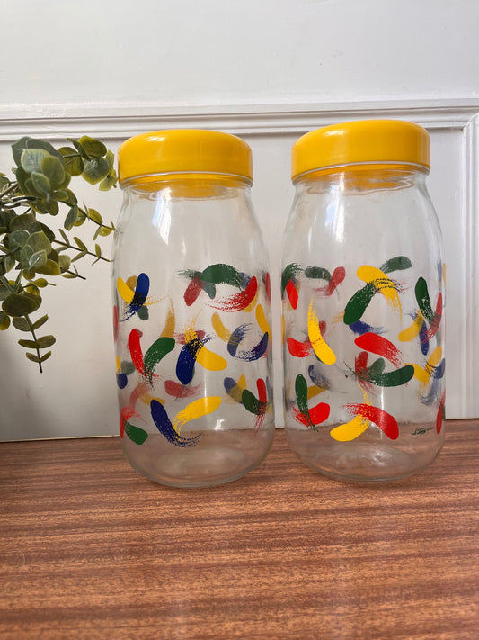 Vintage VMC Reims kitsch storage jars, 2 litre kitchen storage, colourful yellow vintage storage jars, le parfait vintage french jars