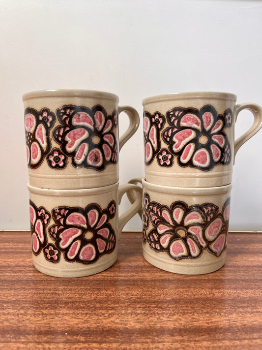 1970s pink psychedelic cups, Kiln craft table wear, Vintage Staffordshire Pottery Cups, vintage pink cups