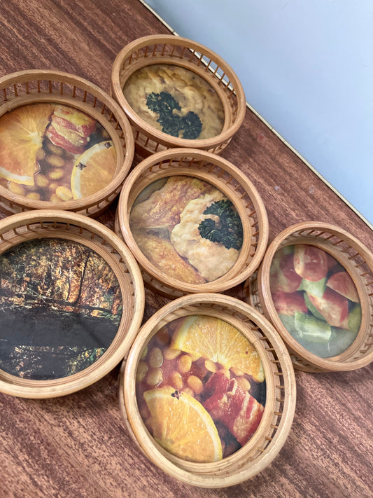 Vintage bamboo coasters, boho coasters, handmade vintage coasters