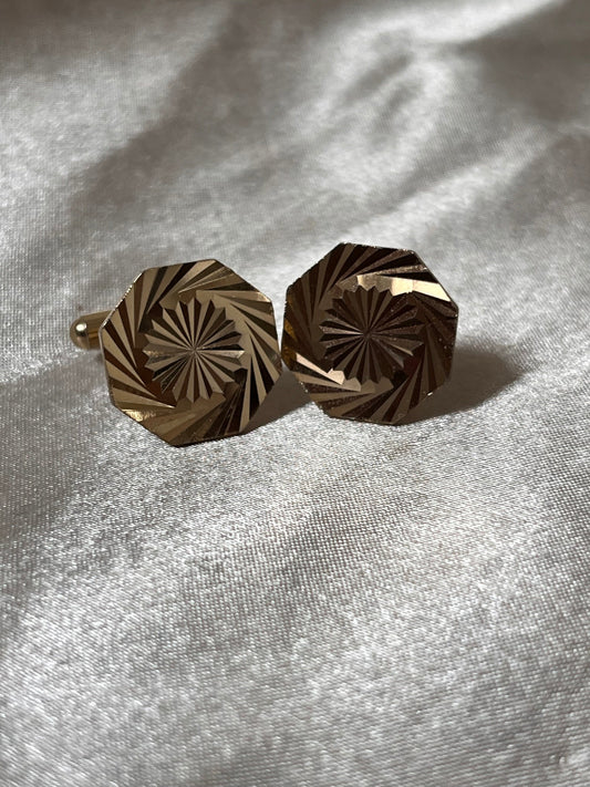 Vintage Cufflinks 1950s, Gold Tone Hexagonal cufflinks,   Swirl Canter Detail Bullet Back cufflinks